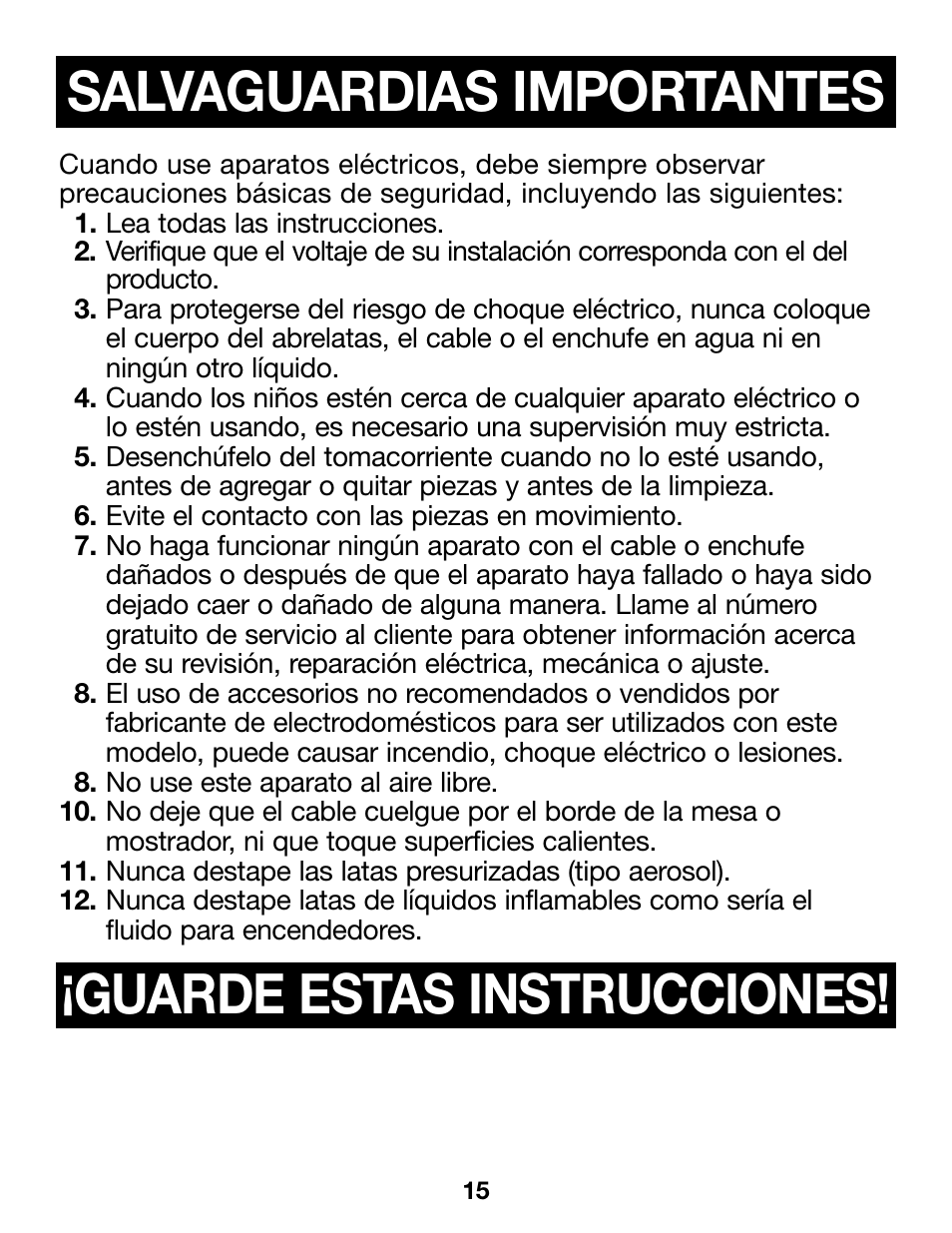 840172301 spv01, Salvaguardias importantes, Guarde estas instrucciones | Proctor-Silex Extra-Tall Can Opener (white)-76370PY User Manual | Page 15 / 24