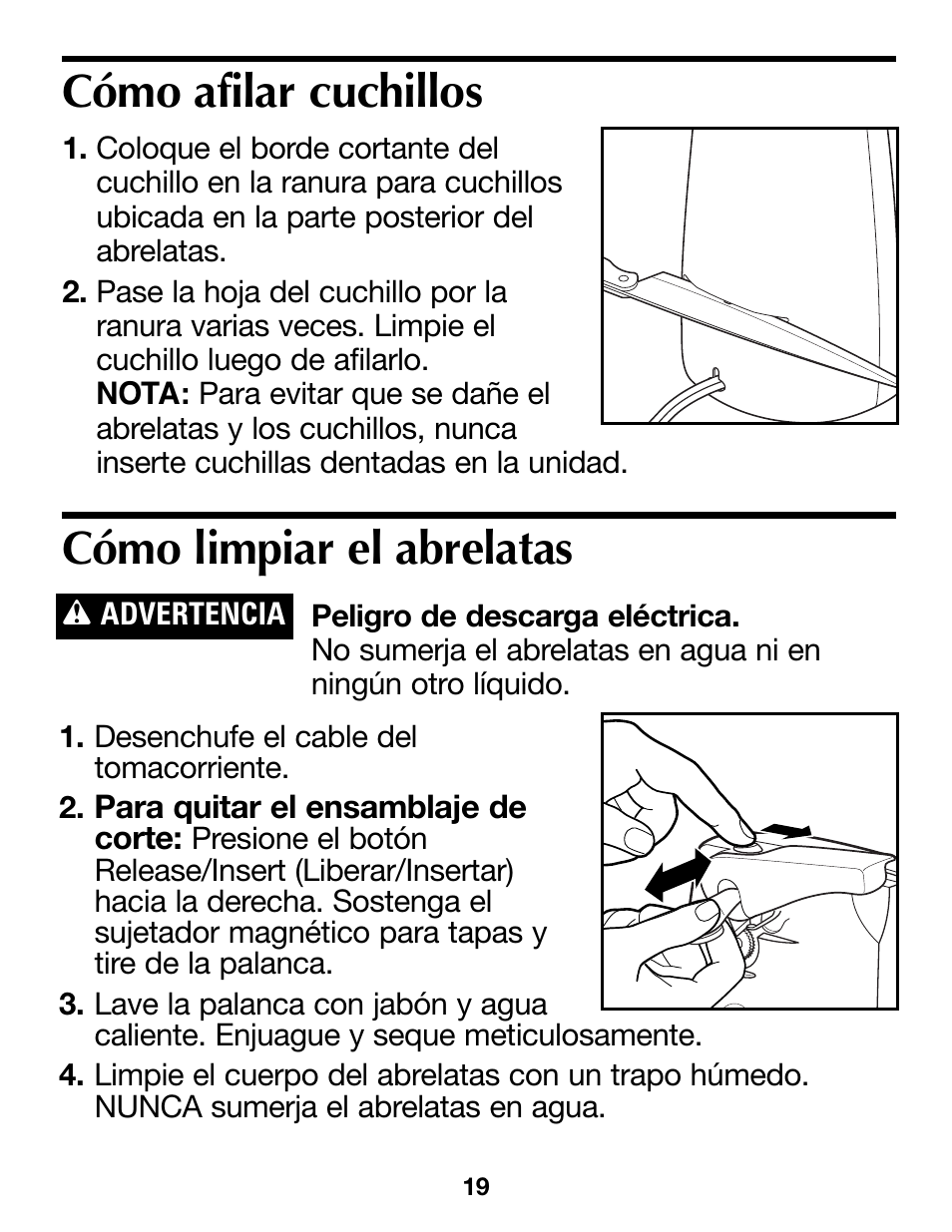 Cómo limpiar el abrelatas, Cómo afilar cuchillos | Proctor-Silex Extra-Tall Can Opener (white)-76370PY User Manual | Page 19 / 24