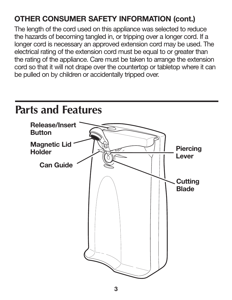 Parts and features | Proctor-Silex Extra-Tall Can Opener (white)-76370PY User Manual | Page 3 / 24