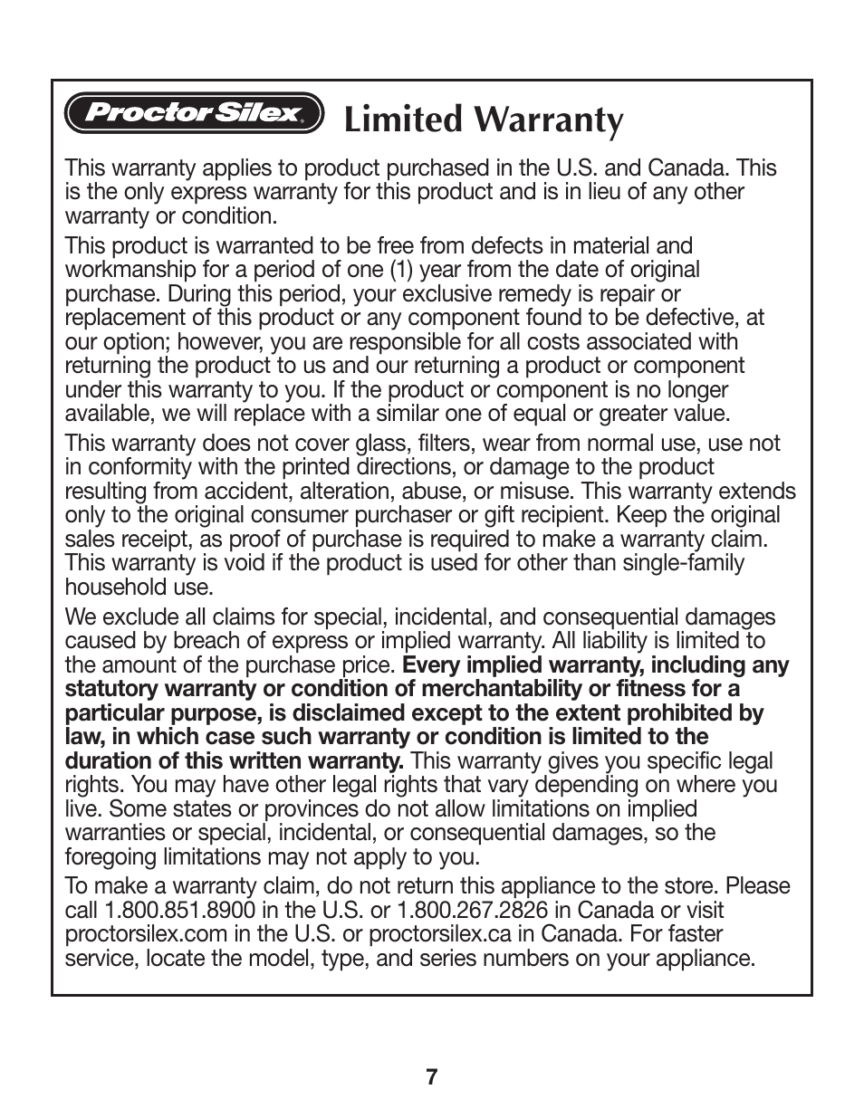 Limited warranty | Proctor-Silex Extra-Tall Can Opener (white)-76370PY User Manual | Page 7 / 24