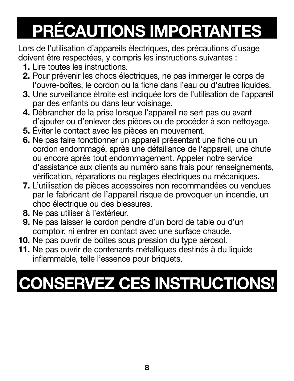 840172301 frv01, Précautions importantes, Conservez ces instructions | Proctor-Silex Extra-Tall Can Opener (white)-76370PY User Manual | Page 8 / 24