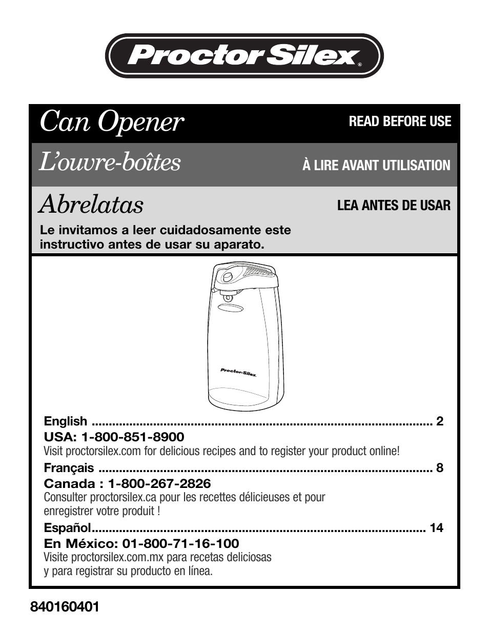 Proctor-Silex Ergonomic Can Opener (white)-75224RY User Manual | 21 pages