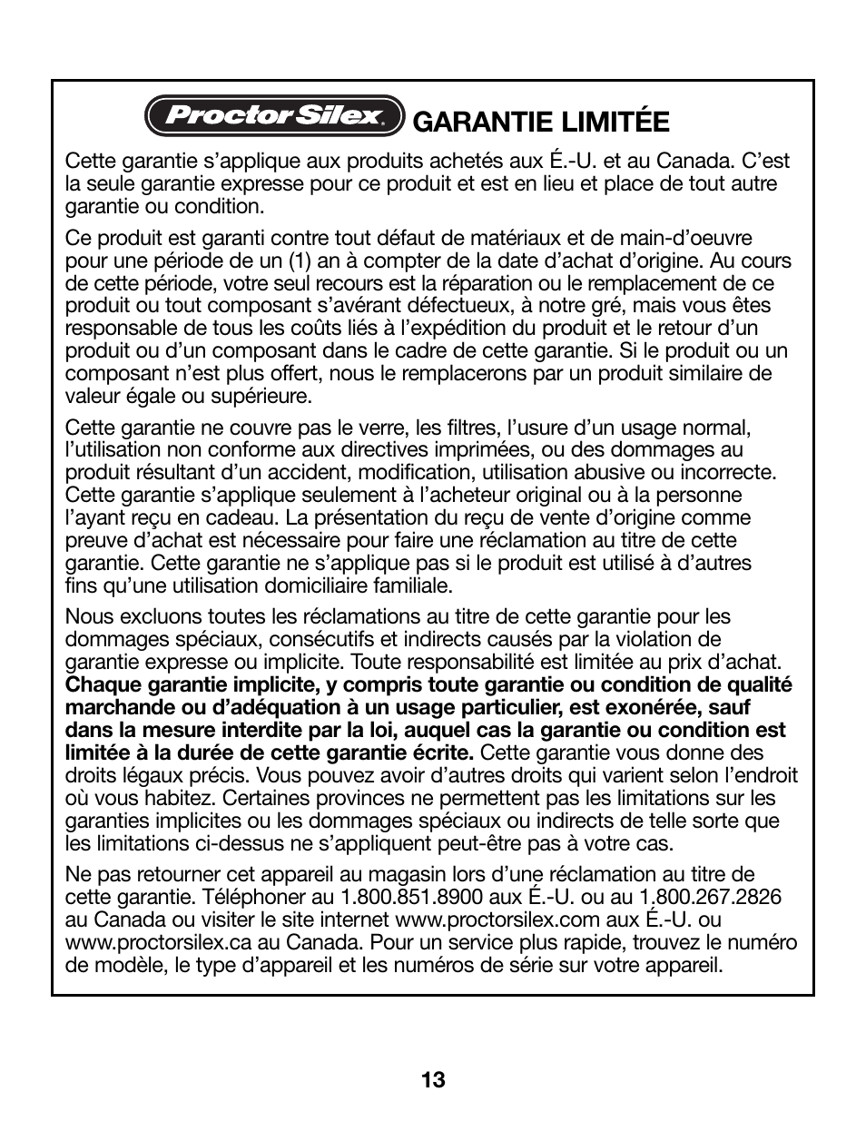 Garantie limitée | Proctor-Silex Ergonomic Can Opener (white)-75224RY User Manual | Page 13 / 21