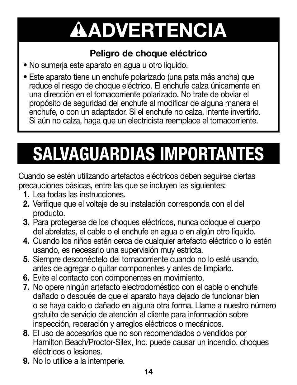 840160401 spv02, Wadvertencia, Salvaguardias importantes | Proctor-Silex Ergonomic Can Opener (white)-75224RY User Manual | Page 14 / 21