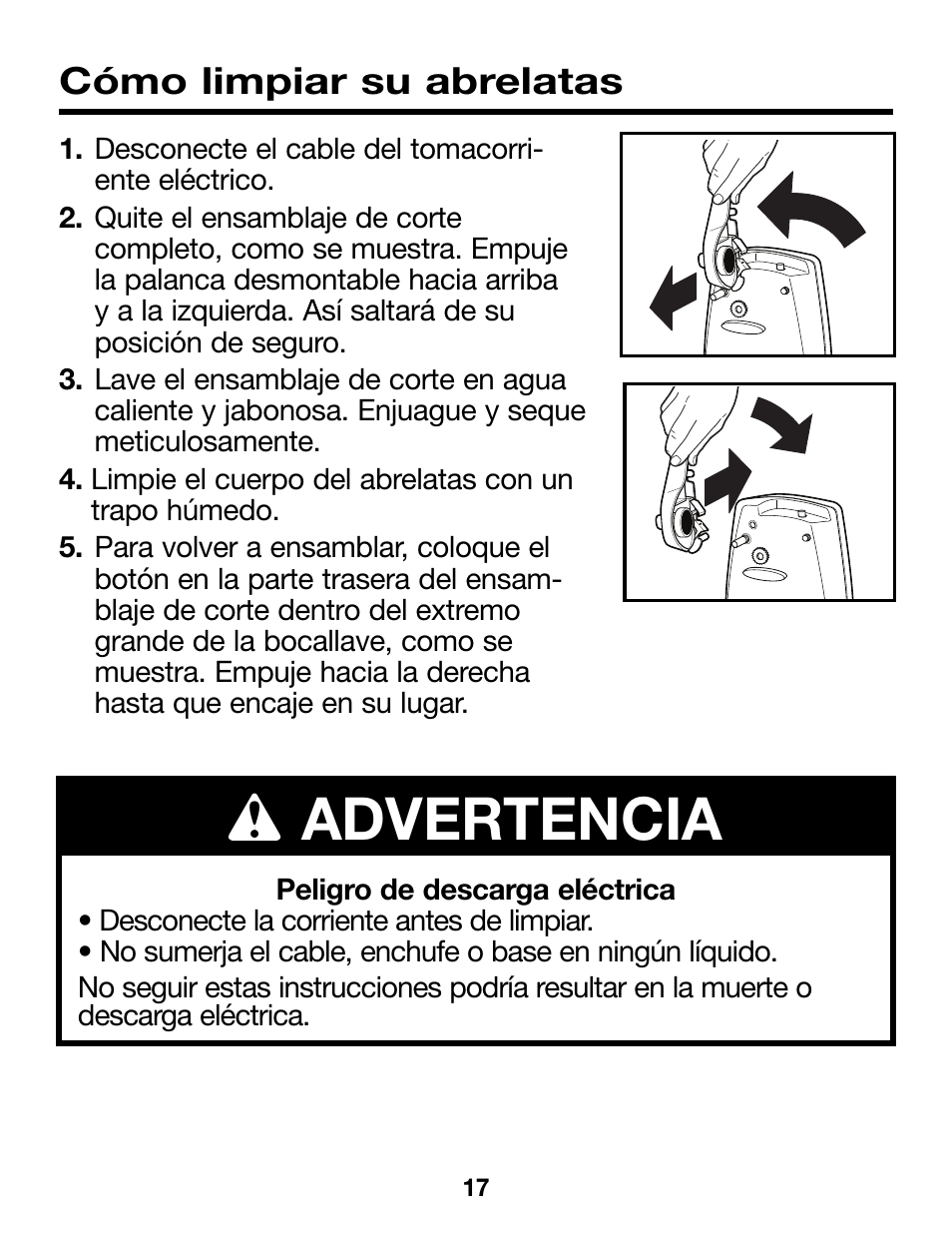 Wadvertencia, Cómo limpiar su abrelatas | Proctor-Silex Ergonomic Can Opener (white)-75224RY User Manual | Page 17 / 21