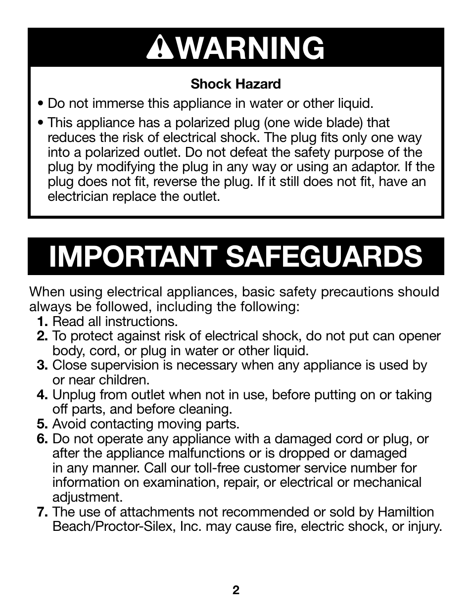 Wwarning, Important safeguards | Proctor-Silex Ergonomic Can Opener (white)-75224RY User Manual | Page 2 / 21