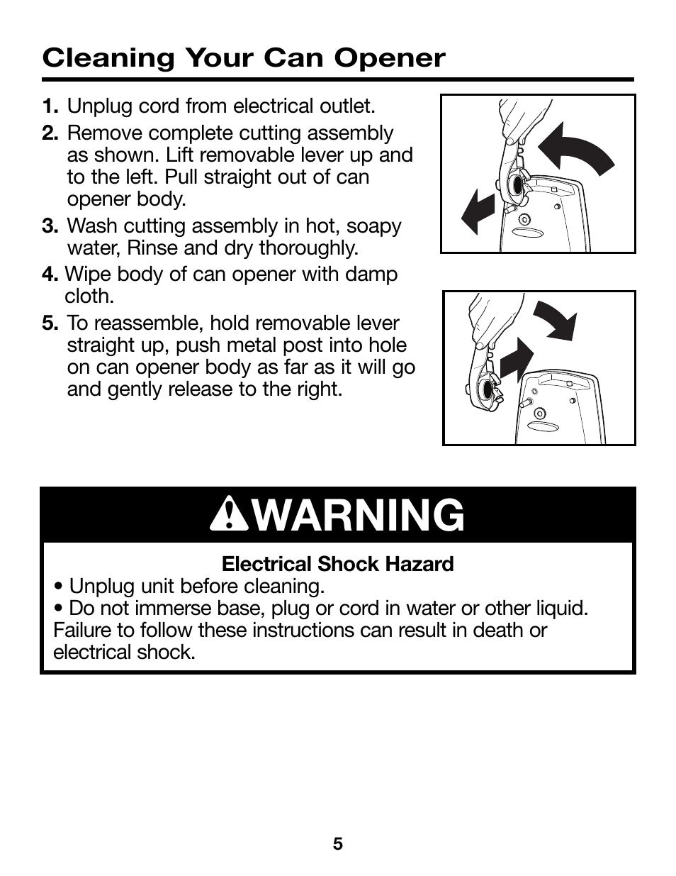 Wwarning, Cleaning your can opener | Proctor-Silex Ergonomic Can Opener (white)-75224RY User Manual | Page 5 / 21