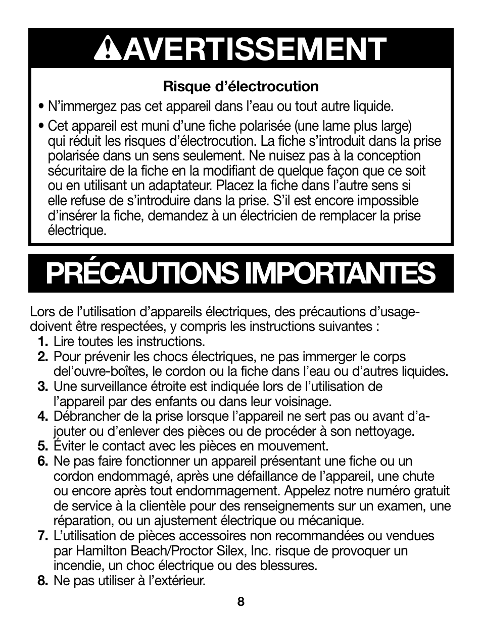 840160401 frv02, Wavertissement, Précautions importantes | Proctor-Silex Ergonomic Can Opener (white)-75224RY User Manual | Page 8 / 21