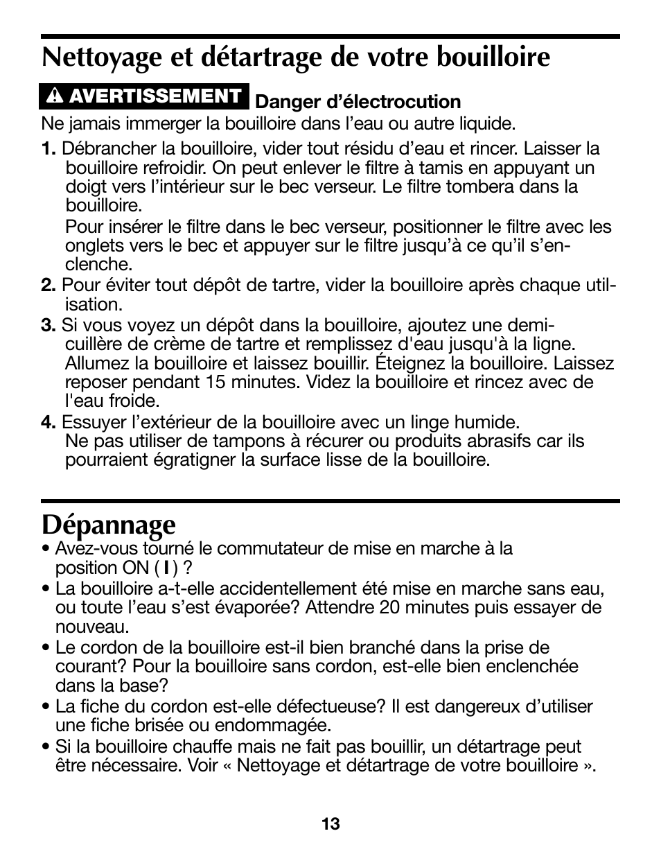 Dépannage, Nettoyage et détartrage de votre bouilloire | Proctor-Silex Cordless Electric Kettle (white)-K4070Y User Manual | Page 13 / 24