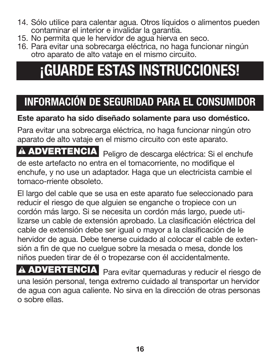 Guarde estas instrucciones, Información de seguridad para el consumidor | Proctor-Silex Cordless Electric Kettle (white)-K4070Y User Manual | Page 16 / 24