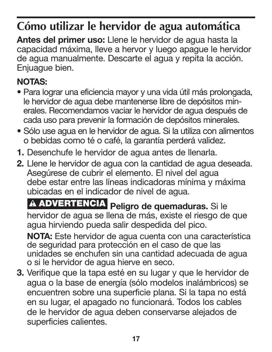 Cómo utilizar le hervidor de agua automática | Proctor-Silex Cordless Electric Kettle (white)-K4070Y User Manual | Page 17 / 24