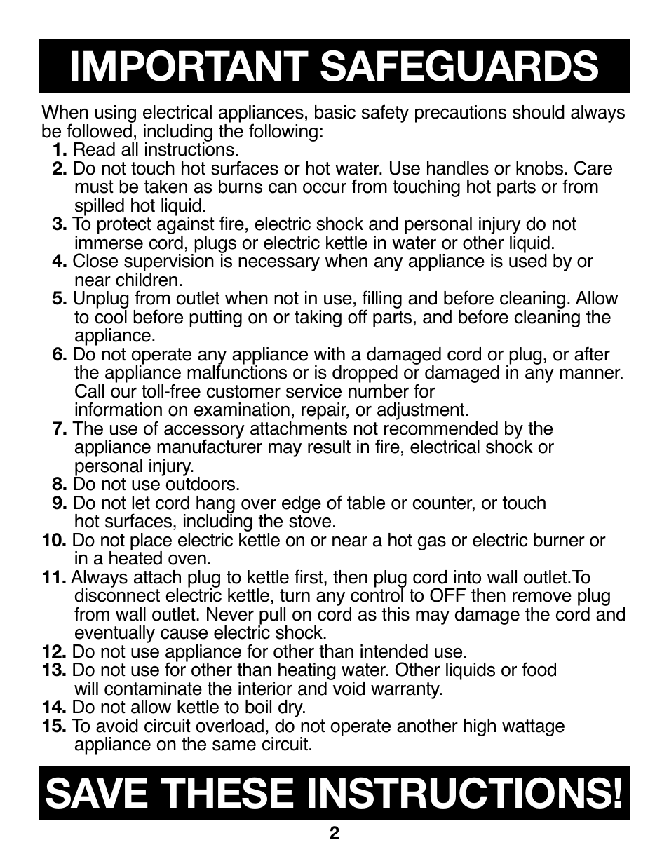 Important safeguards, Save these instructions | Proctor-Silex Cordless Electric Kettle (white)-K4070Y User Manual | Page 2 / 24