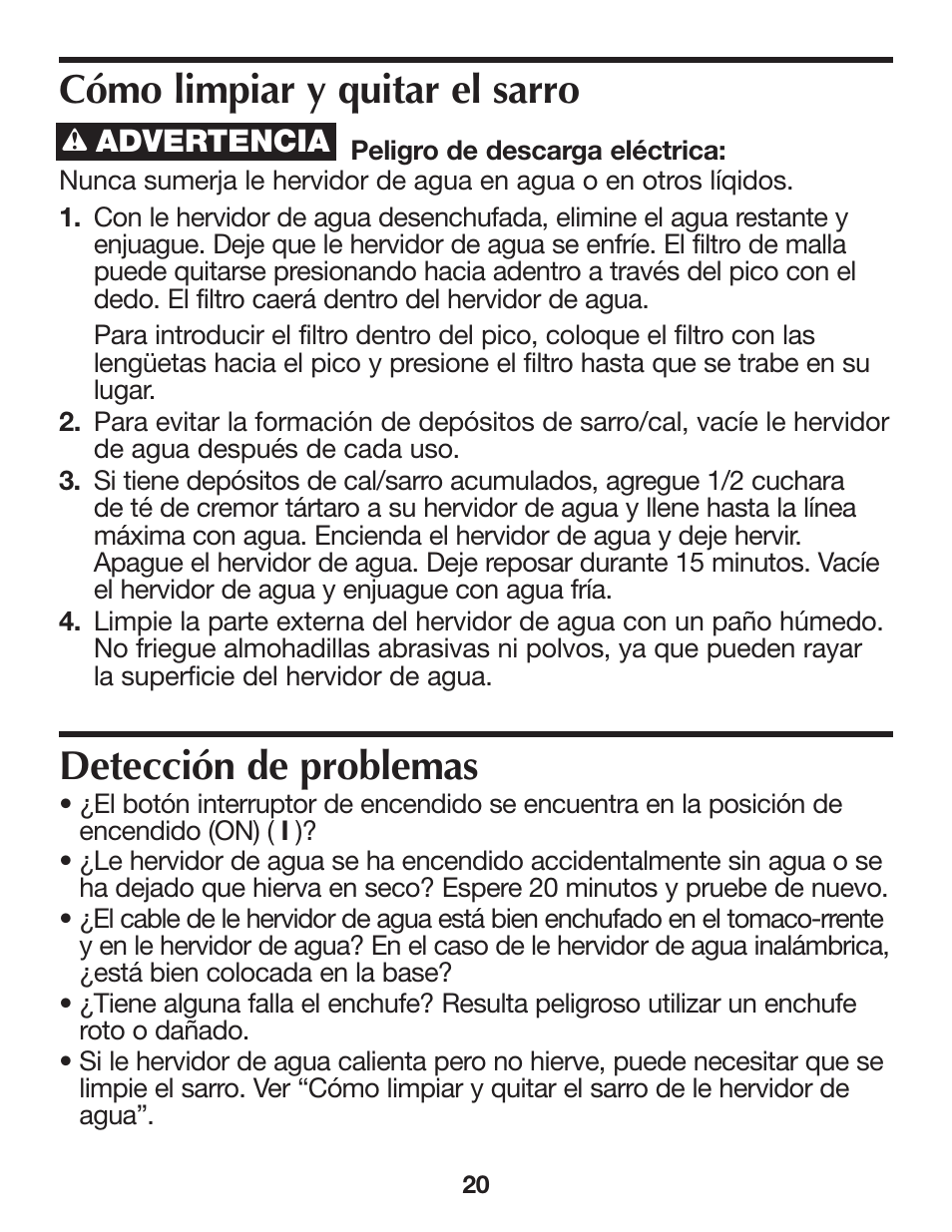 Cómo limpiar y quitar el sarro, Detección de problemas | Proctor-Silex Cordless Electric Kettle (white)-K4070Y User Manual | Page 20 / 24