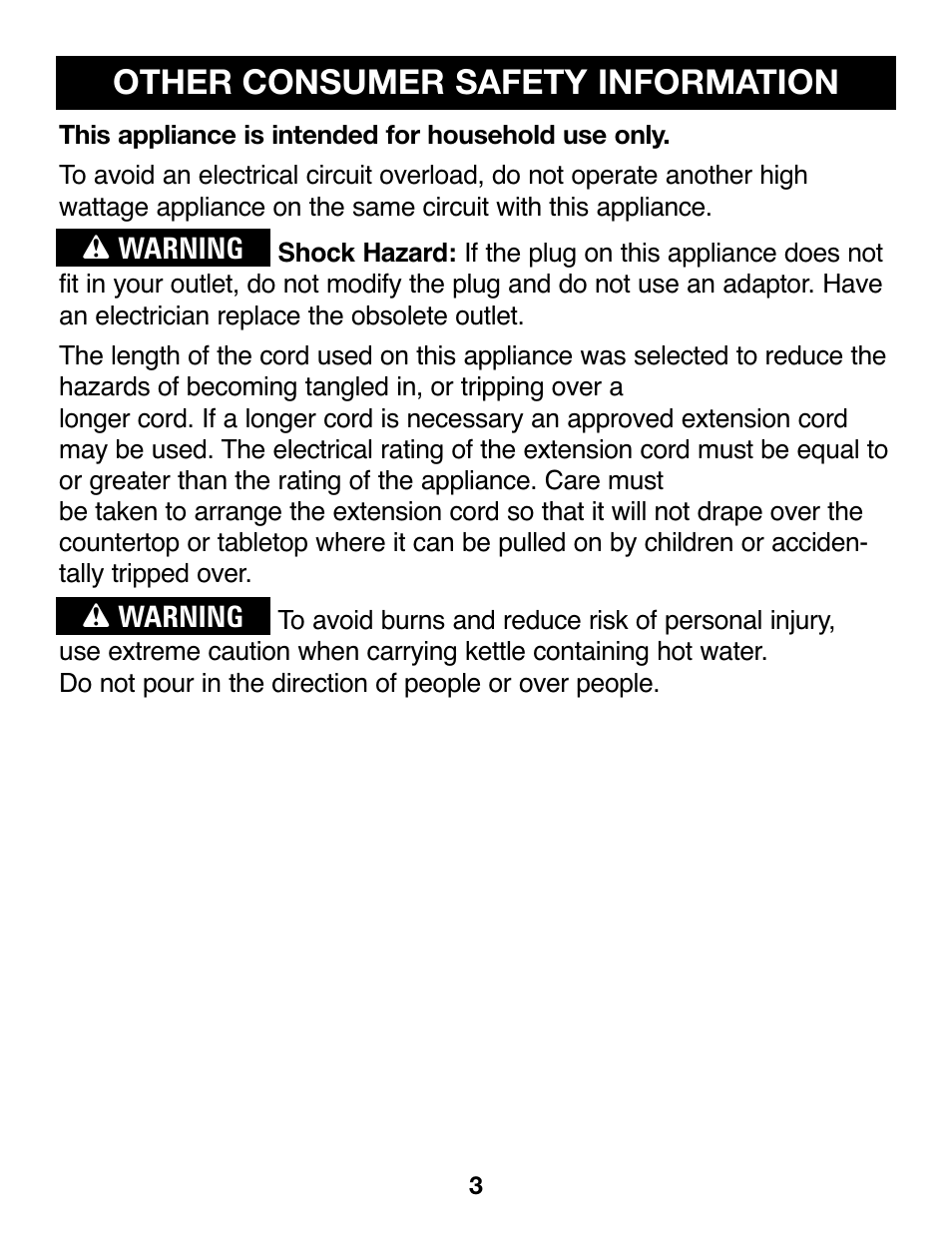 Other consumer safety information | Proctor-Silex Cordless Electric Kettle (white)-K4070Y User Manual | Page 3 / 24