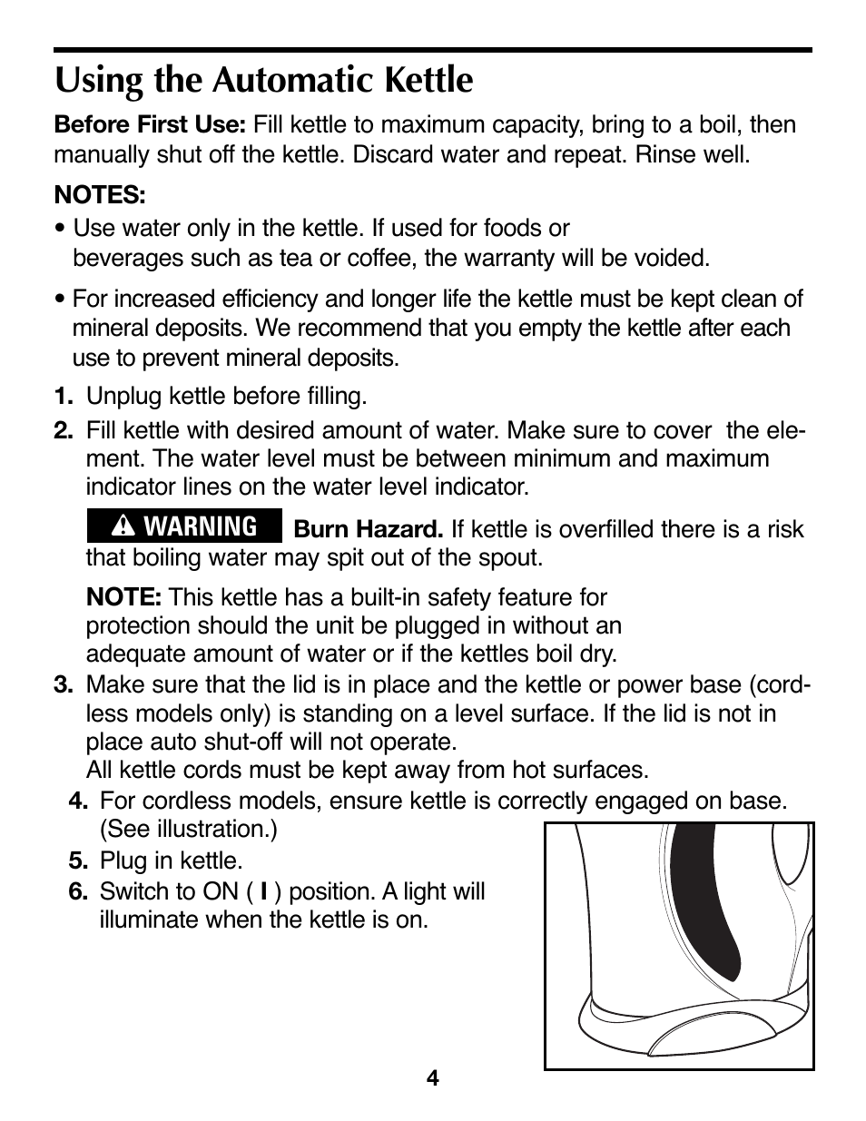 Using the automatic kettle | Proctor-Silex Cordless Electric Kettle (white)-K4070Y User Manual | Page 4 / 24