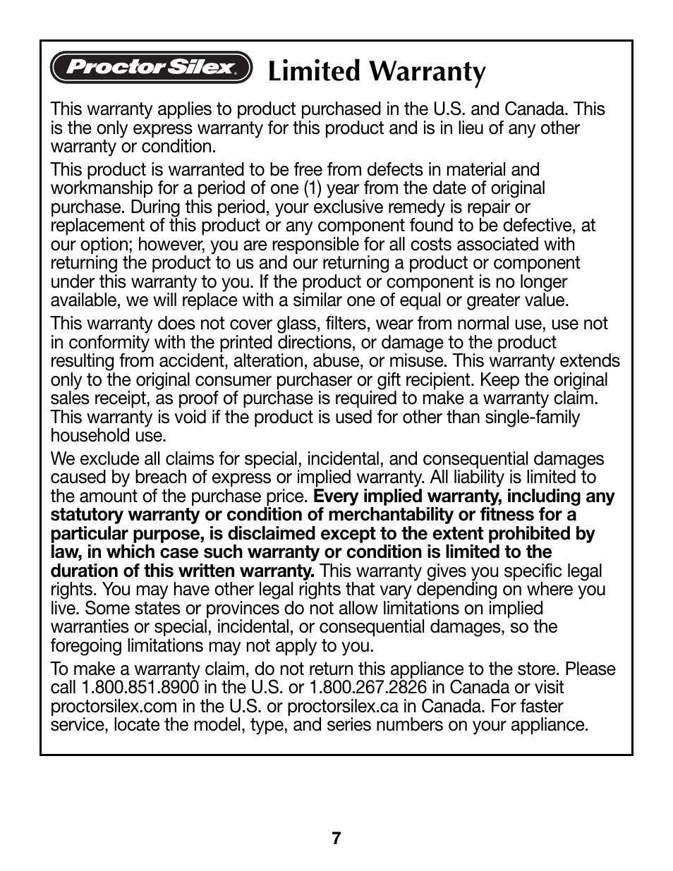 Limited warranty | Proctor-Silex Cordless Electric Kettle (white)-K4070Y User Manual | Page 7 / 24