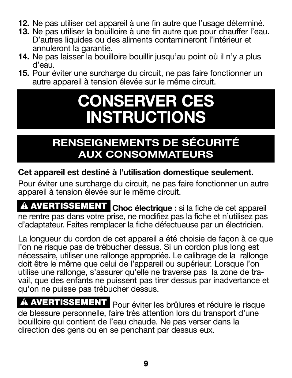 Conserver ces instructions | Proctor-Silex Cordless Electric Kettle (white)-K4070Y User Manual | Page 9 / 24