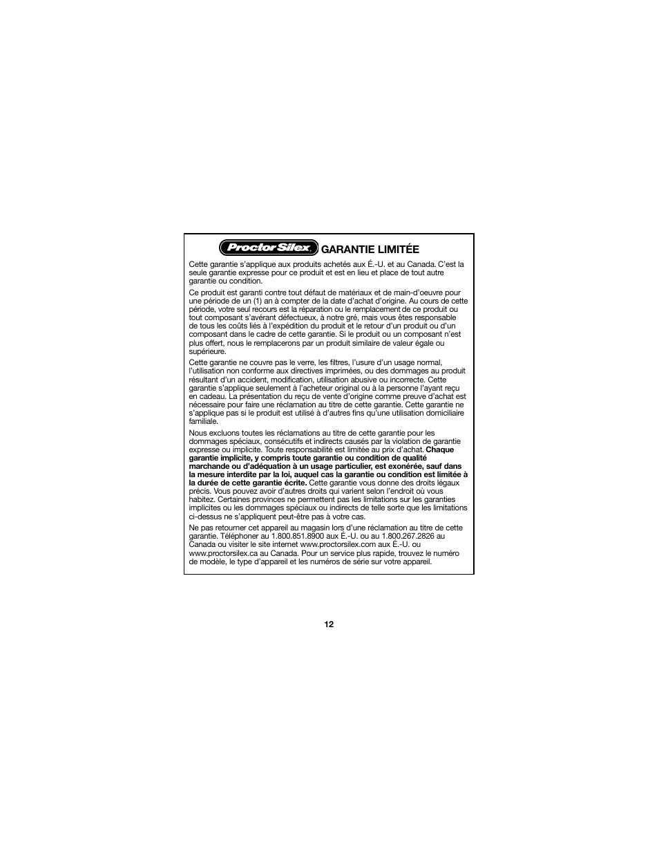 Garantie limitée | Proctor-Silex Cordless Electric Knife-74311Y User Manual | Page 12 / 20