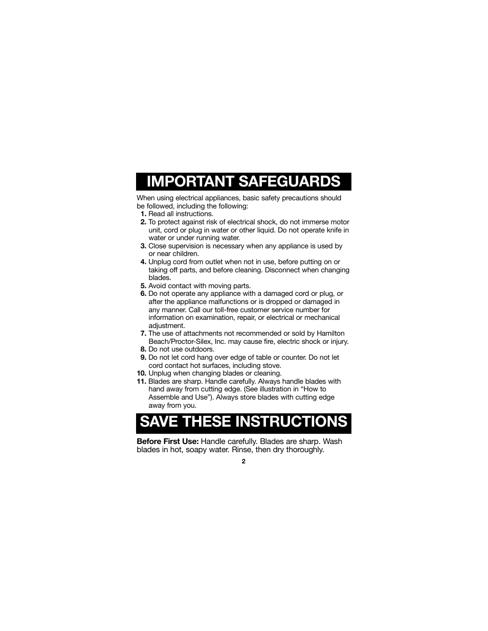 Important safeguards save these instructions | Proctor-Silex Cordless Electric Knife-74311Y User Manual | Page 2 / 20