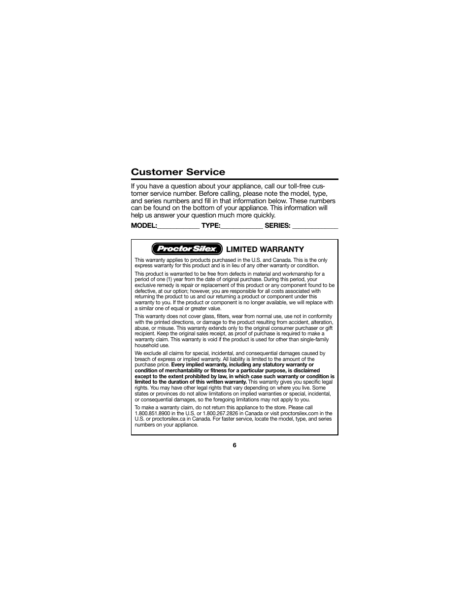 Customer service | Proctor-Silex Cordless Electric Knife-74311Y User Manual | Page 6 / 20