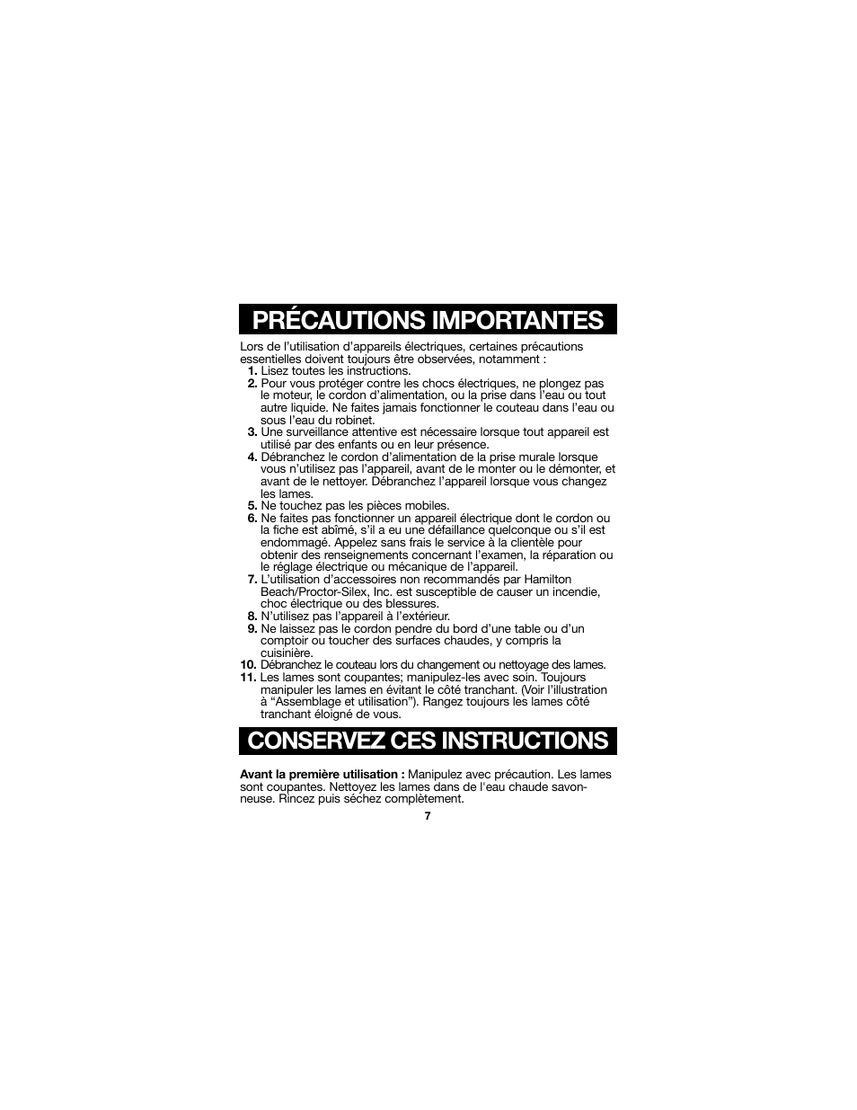 Précautions importantes, Conservez ces instructions | Proctor-Silex Cordless Electric Knife-74311Y User Manual | Page 7 / 21