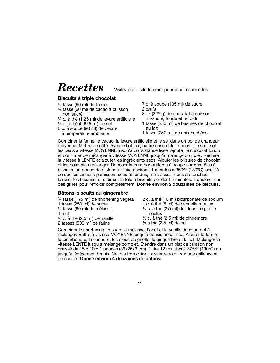 Recettes | Proctor-Silex Electric Hand Mixer-62515RY User Manual | Page 11 / 20