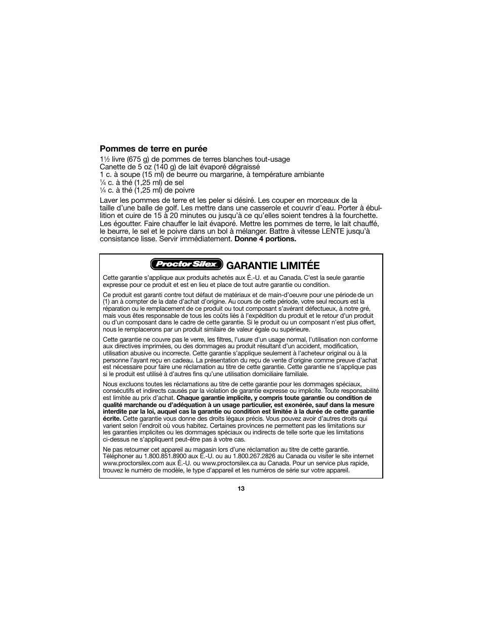 Garantie limitée, Pommes de terre en purée | Proctor-Silex Electric Hand Mixer-62515RY User Manual | Page 13 / 20