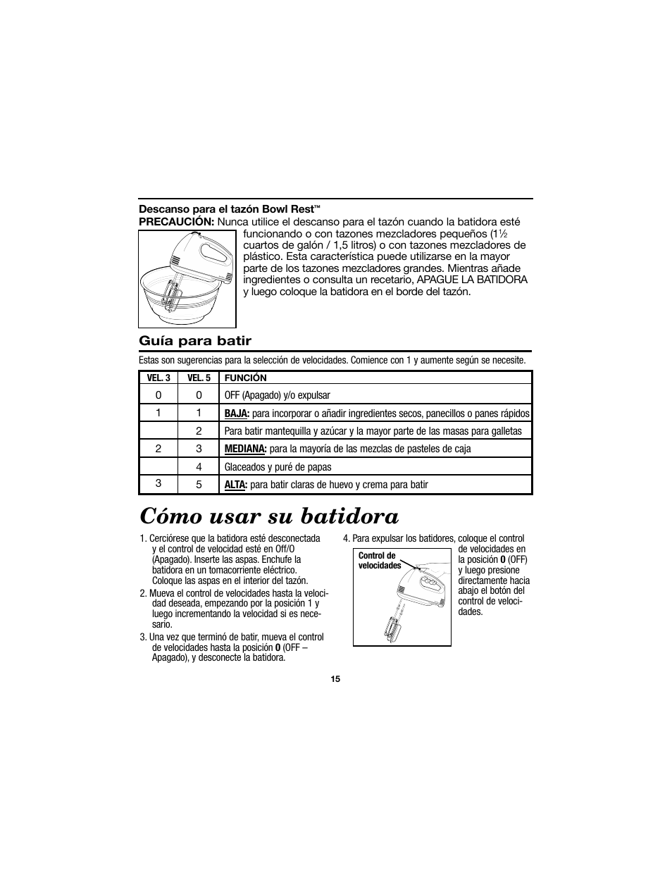 Cómo usar su batidora | Proctor-Silex Electric Hand Mixer-62515RY User Manual | Page 15 / 20