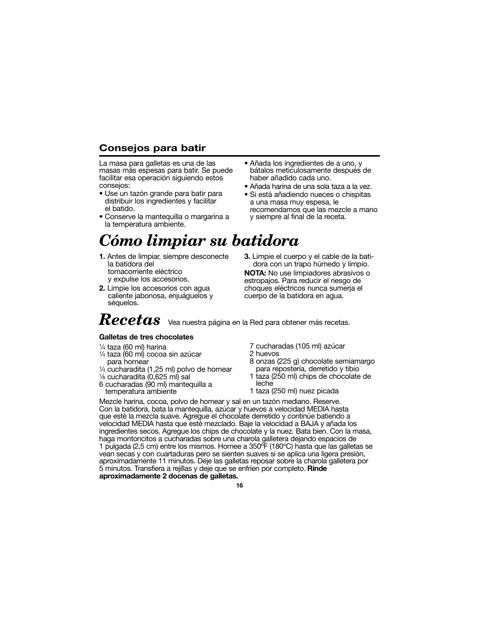 Cómo limpiar su batidora, Recetas, Consejos para batir | Proctor-Silex Electric Hand Mixer-62515RY User Manual | Page 16 / 20
