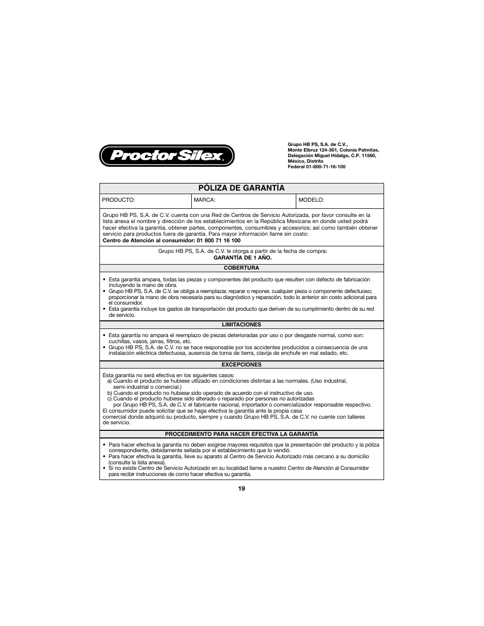 Póliza de garantía | Proctor-Silex Electric Hand Mixer-62515RY User Manual | Page 19 / 20