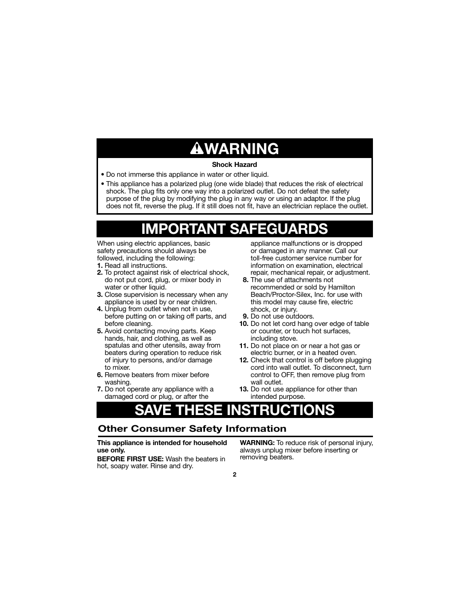 Wwarning, Important safeguards save these instructions | Proctor-Silex Electric Hand Mixer-62515RY User Manual | Page 2 / 20