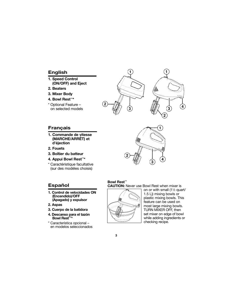 English, Español, Français | Proctor-Silex Electric Hand Mixer-62515RY User Manual | Page 3 / 20