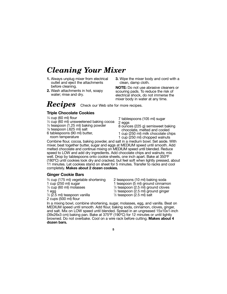 Cleaning your mixer, Recipes | Proctor-Silex Electric Hand Mixer-62515RY User Manual | Page 5 / 20