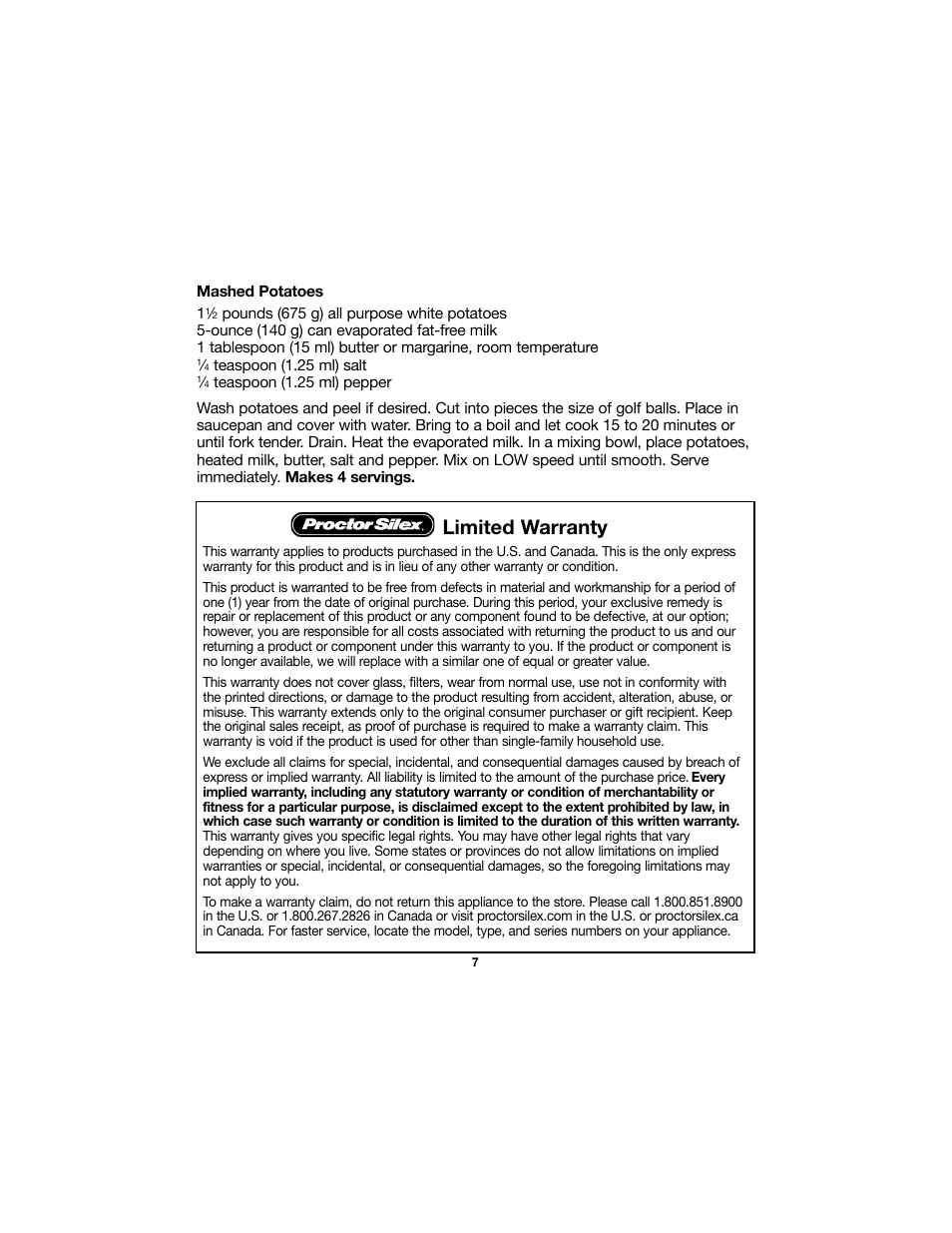 Limited warranty | Proctor-Silex Electric Hand Mixer-62515RY User Manual | Page 7 / 20