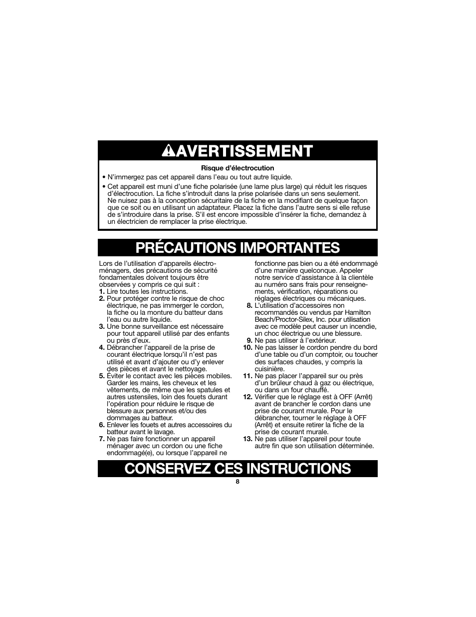 Wavertissement, Précautions importantes, Conservez ces instructions | Proctor-Silex Electric Hand Mixer-62515RY User Manual | Page 8 / 20