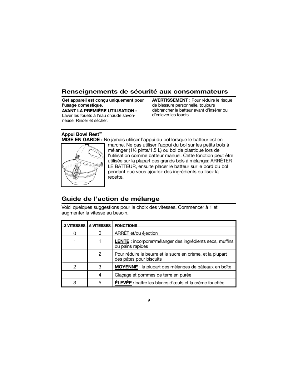 Guide de l’action de mélange, Renseignements de sécurité aux consommateurs | Proctor-Silex Electric Hand Mixer-62515RY User Manual | Page 9 / 20