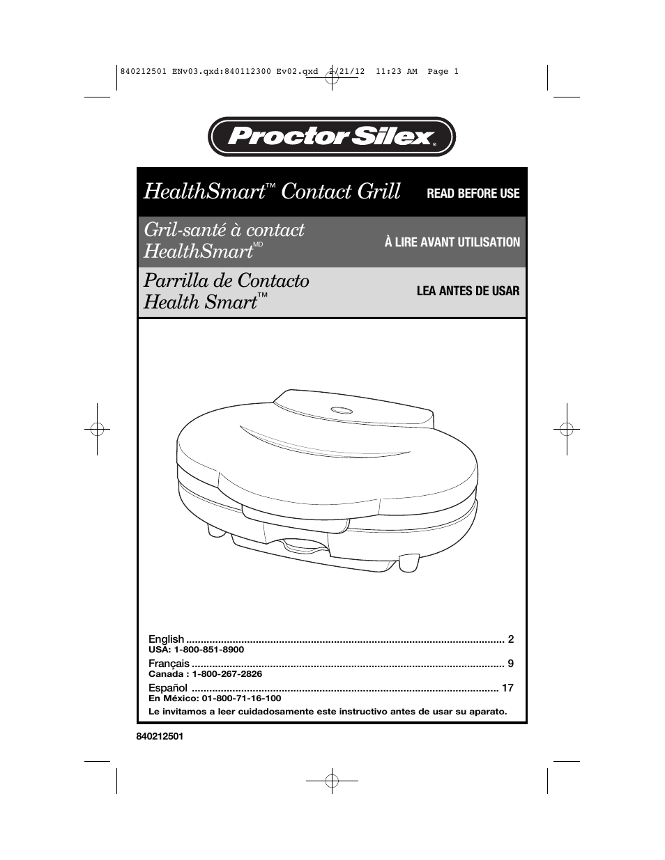 Proctor-Silex Compact Indoor Grill-25218P User Manual | 24 pages