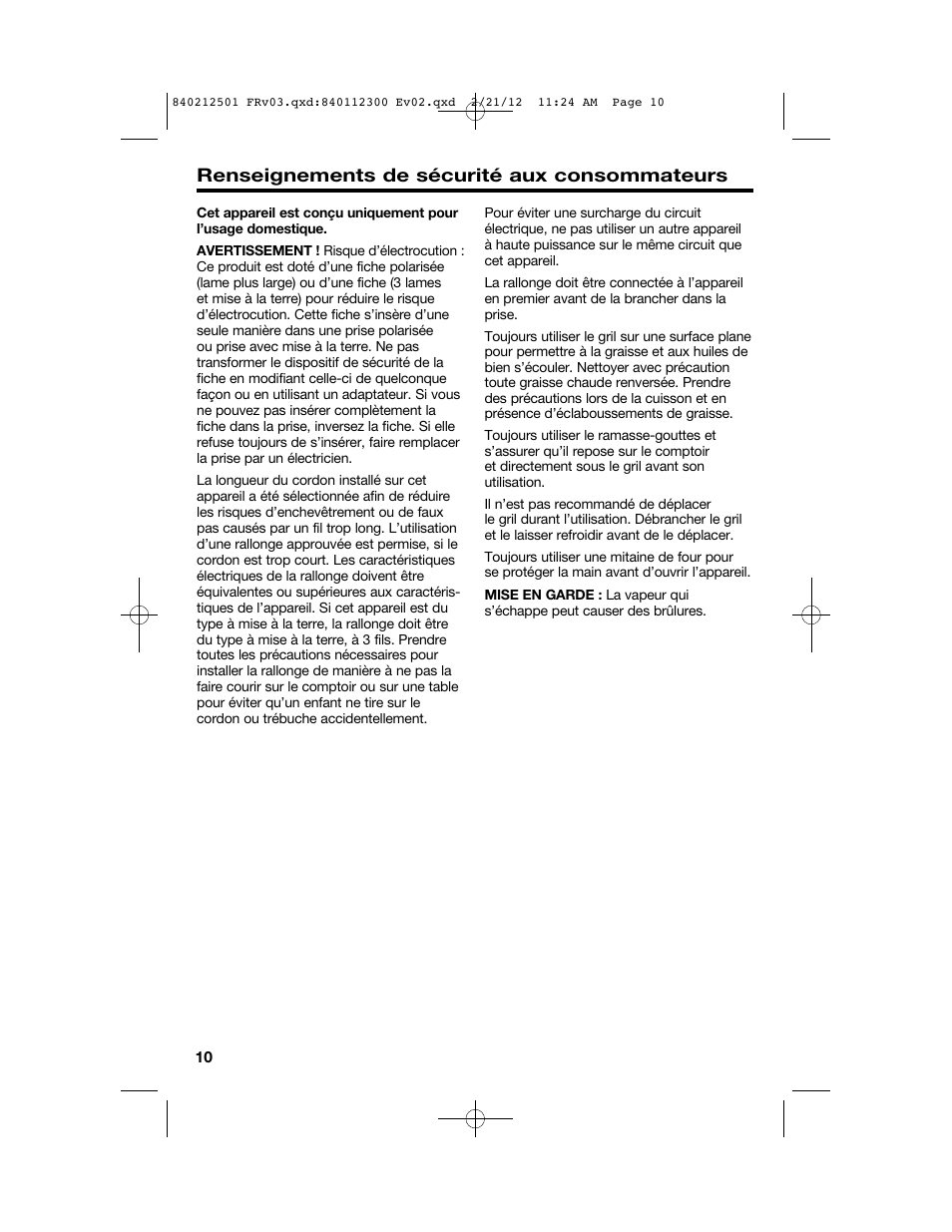 Renseignements de sécurité aux consommateurs | Proctor-Silex Compact Indoor Grill-25218P User Manual | Page 10 / 24