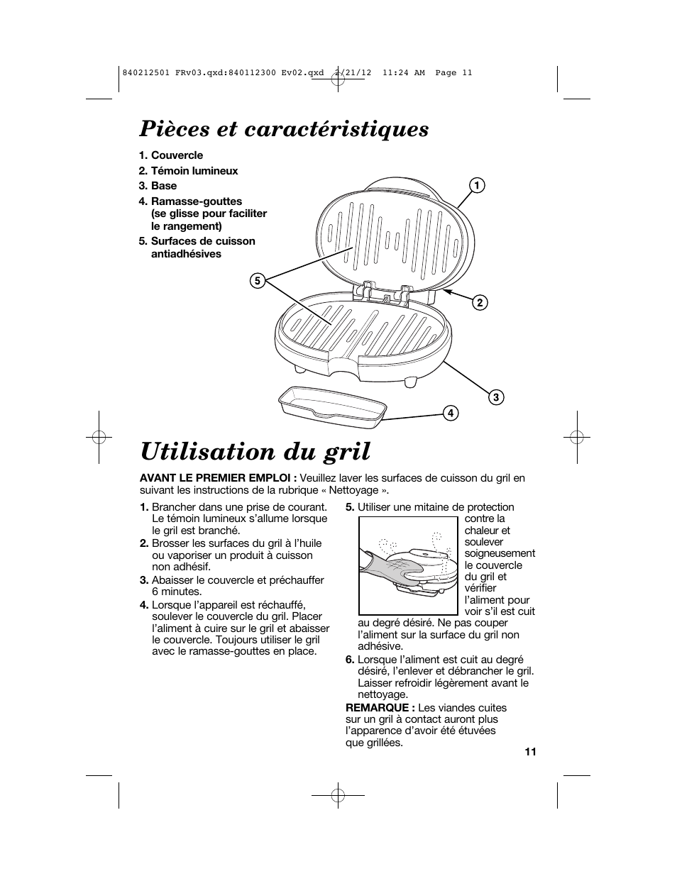 Utilisation du gril, Pièces et caractéristiques | Proctor-Silex Compact Indoor Grill-25218P User Manual | Page 11 / 24