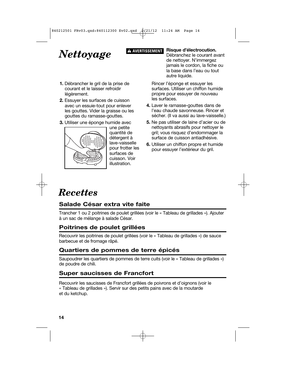 Nettoyage, Recettes | Proctor-Silex Compact Indoor Grill-25218P User Manual | Page 14 / 24