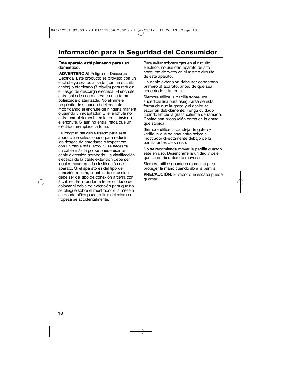 Información para la seguridad del consumidor | Proctor-Silex Compact Indoor Grill-25218P User Manual | Page 18 / 24