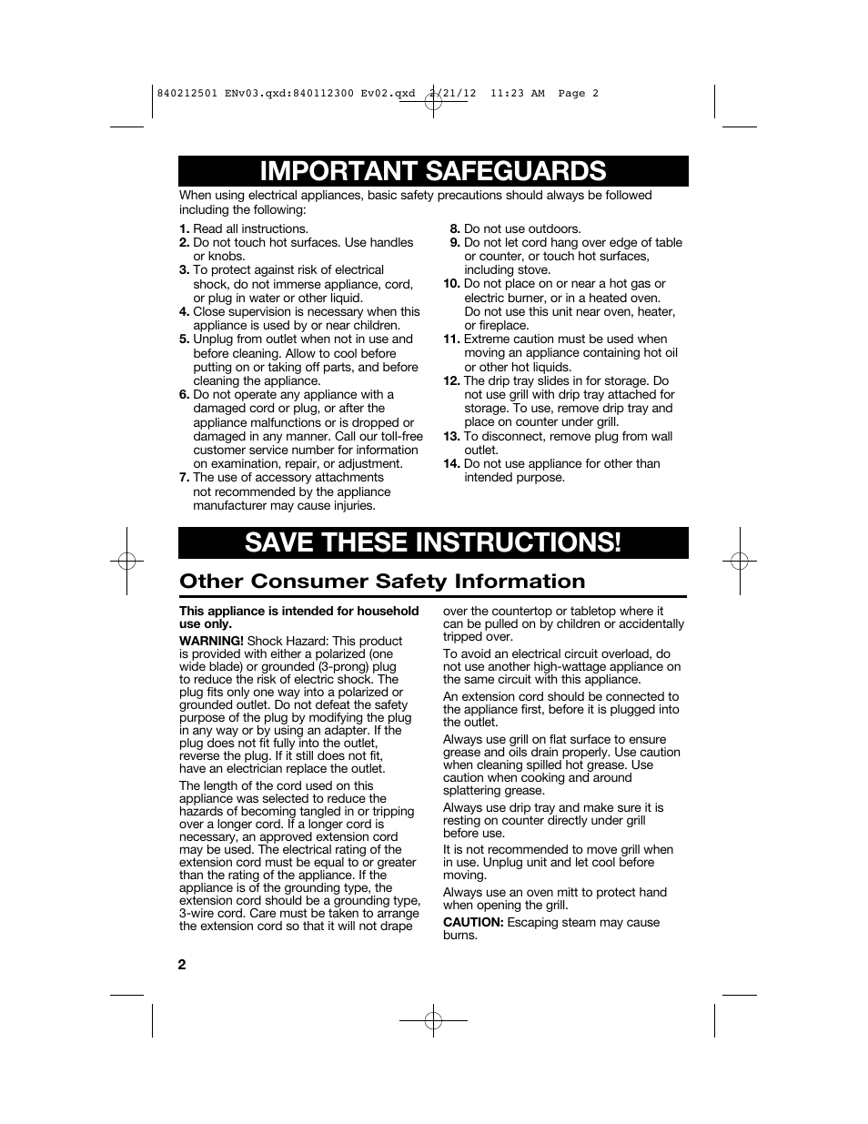 Important safeguards save these instructions, Other consumer safety information | Proctor-Silex Compact Indoor Grill-25218P User Manual | Page 2 / 24