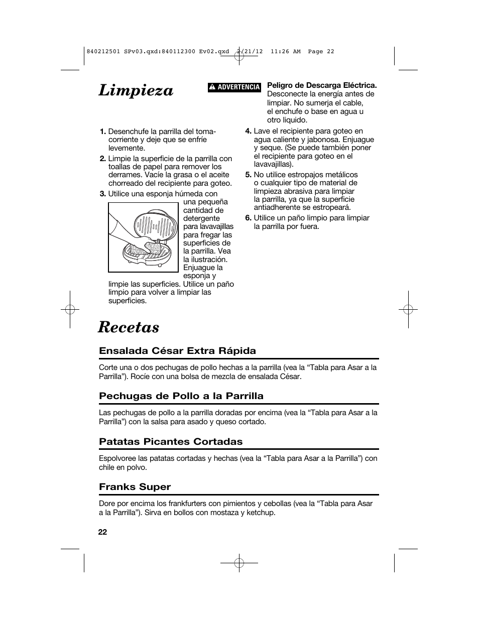 Limpieza, Recetas | Proctor-Silex Compact Indoor Grill-25218P User Manual | Page 22 / 24