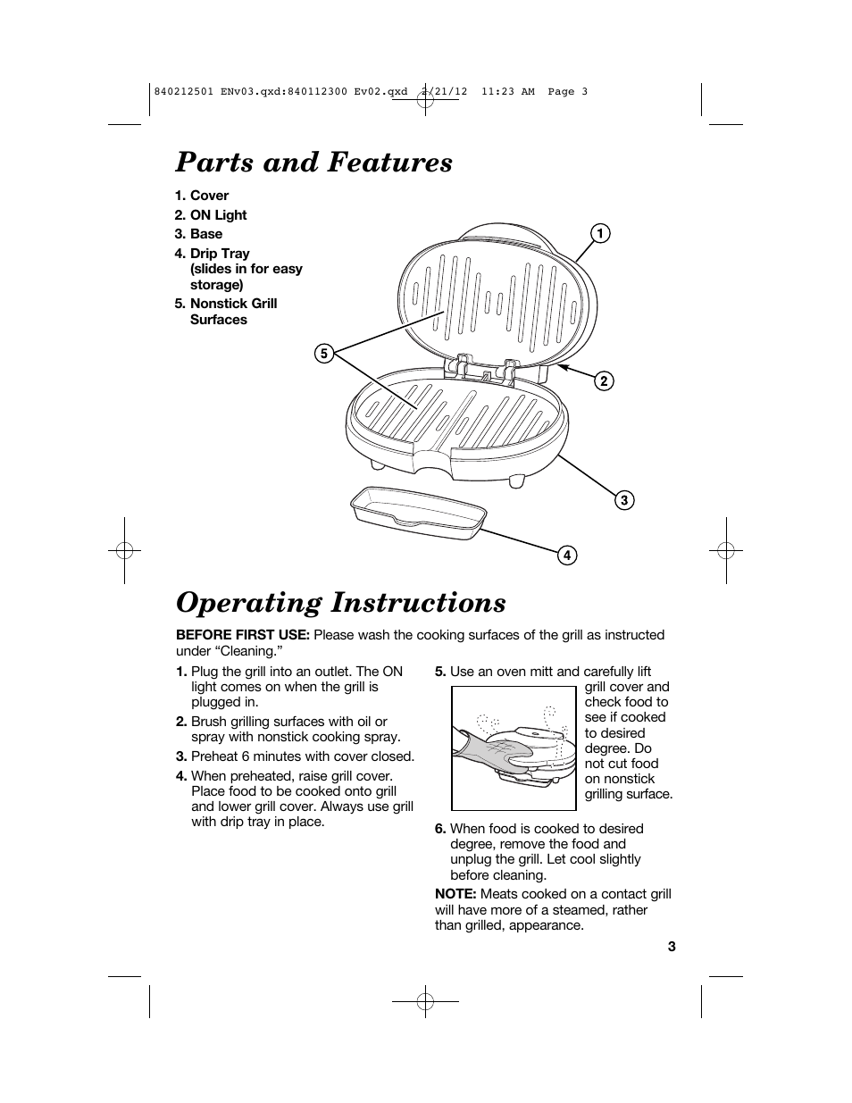 Parts and features operating instructions | Proctor-Silex Compact Indoor Grill-25218P User Manual | Page 3 / 24