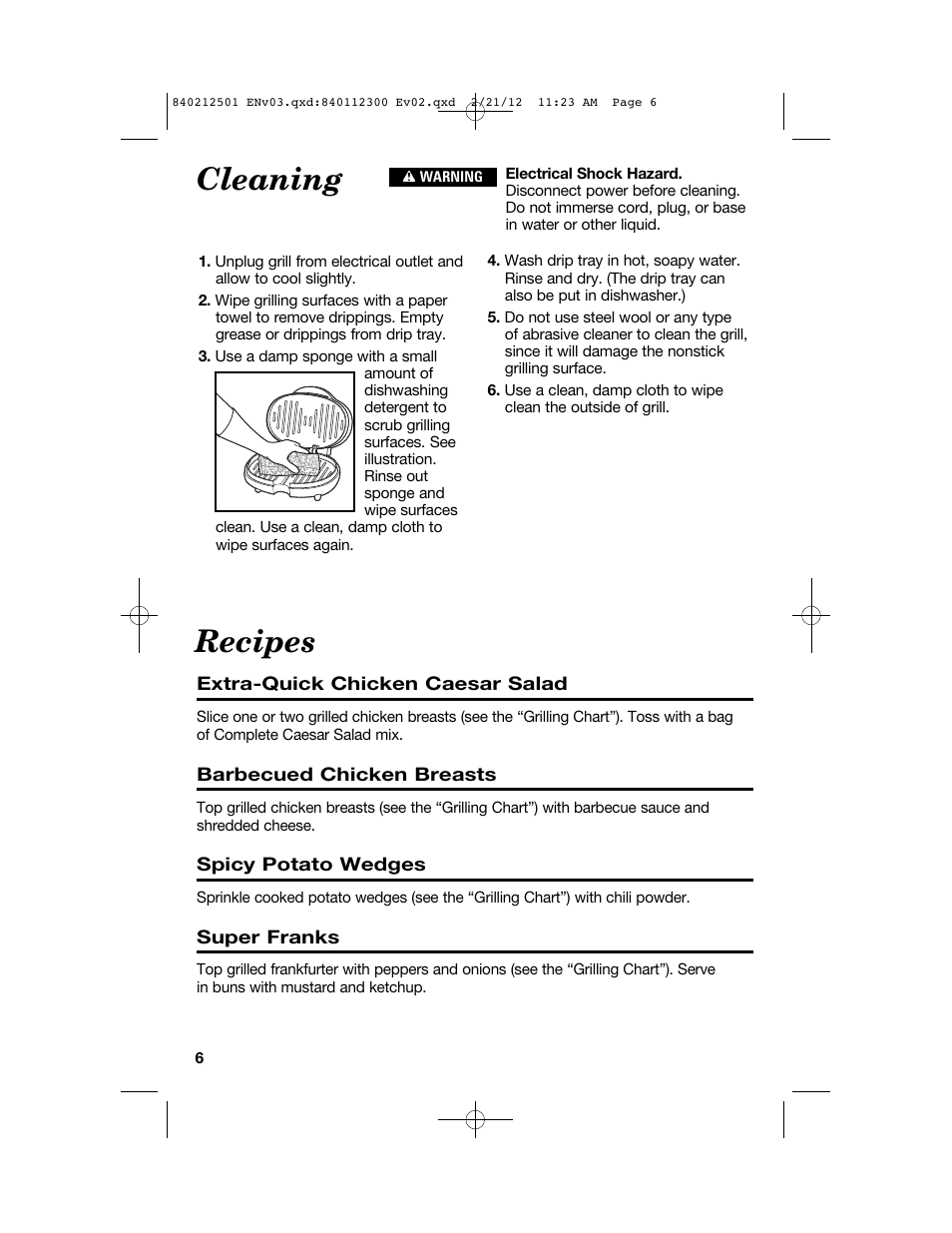Cleaning, Recipes | Proctor-Silex Compact Indoor Grill-25218P User Manual | Page 6 / 24