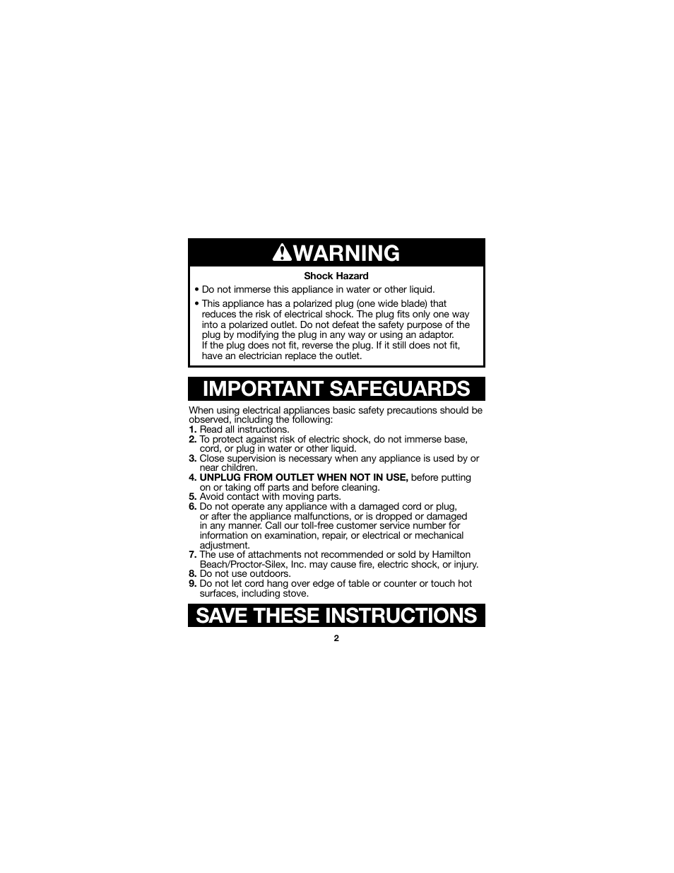 Wwarning, Save these instructions, Important safeguards | Proctor-Silex Juici 34 Oz. Electric Citrus Juicer-66332RY User Manual | Page 2 / 24