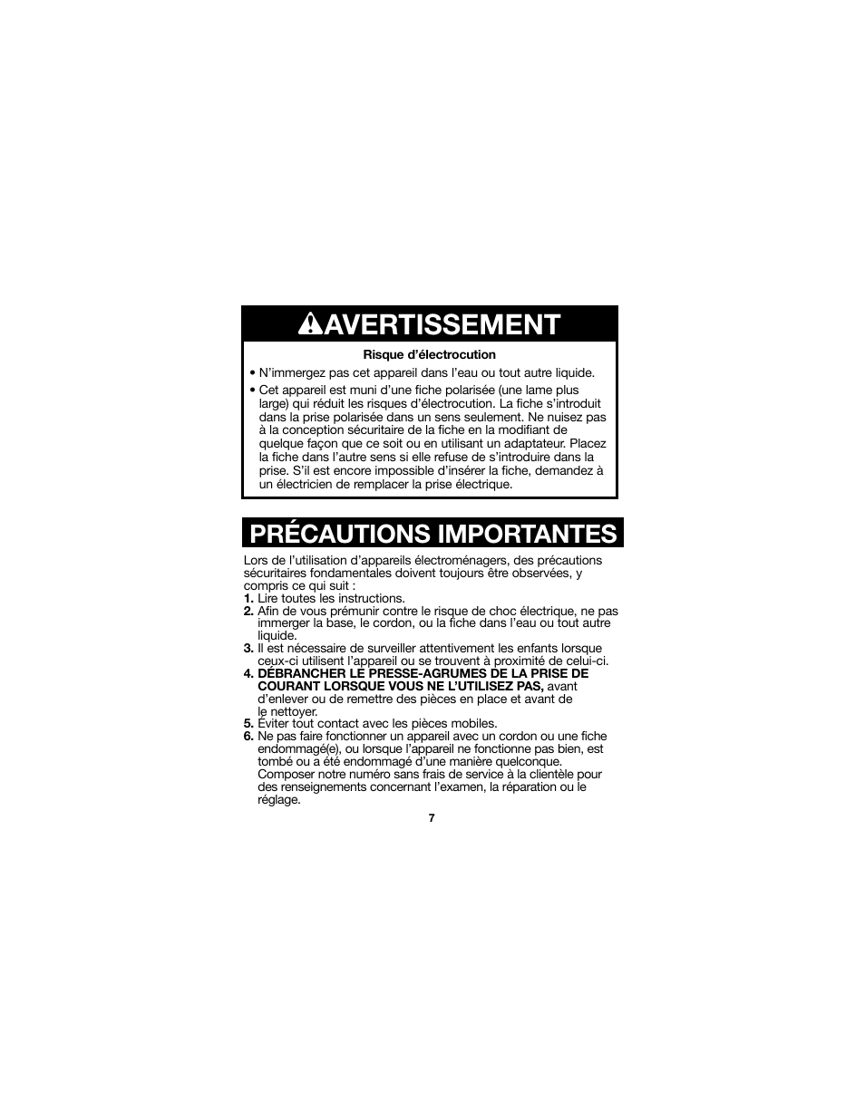 Wavertissement, Précautions importantes | Proctor-Silex Juici 34 Oz. Electric Citrus Juicer-66332RY User Manual | Page 7 / 24