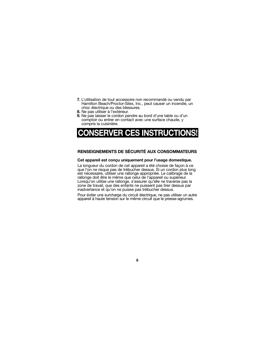Conserver ces instructions | Proctor-Silex Juici 34 Oz. Electric Citrus Juicer-66332RY User Manual | Page 8 / 24