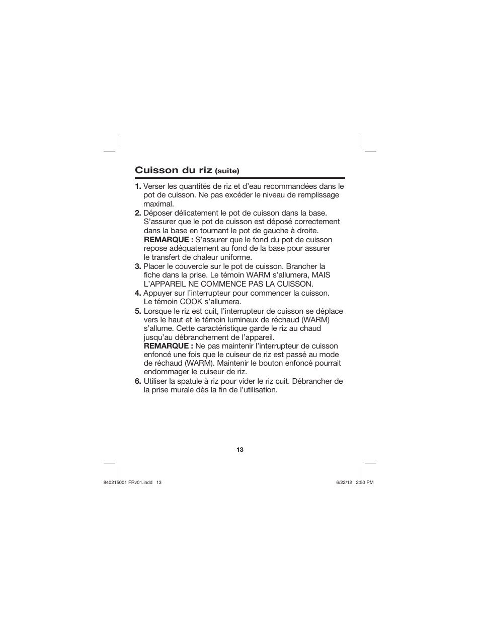 Cuisson du riz | Proctor-Silex 10 Cup Capacity (Cooked) Rice Cooker-37533N User Manual | Page 13 / 28