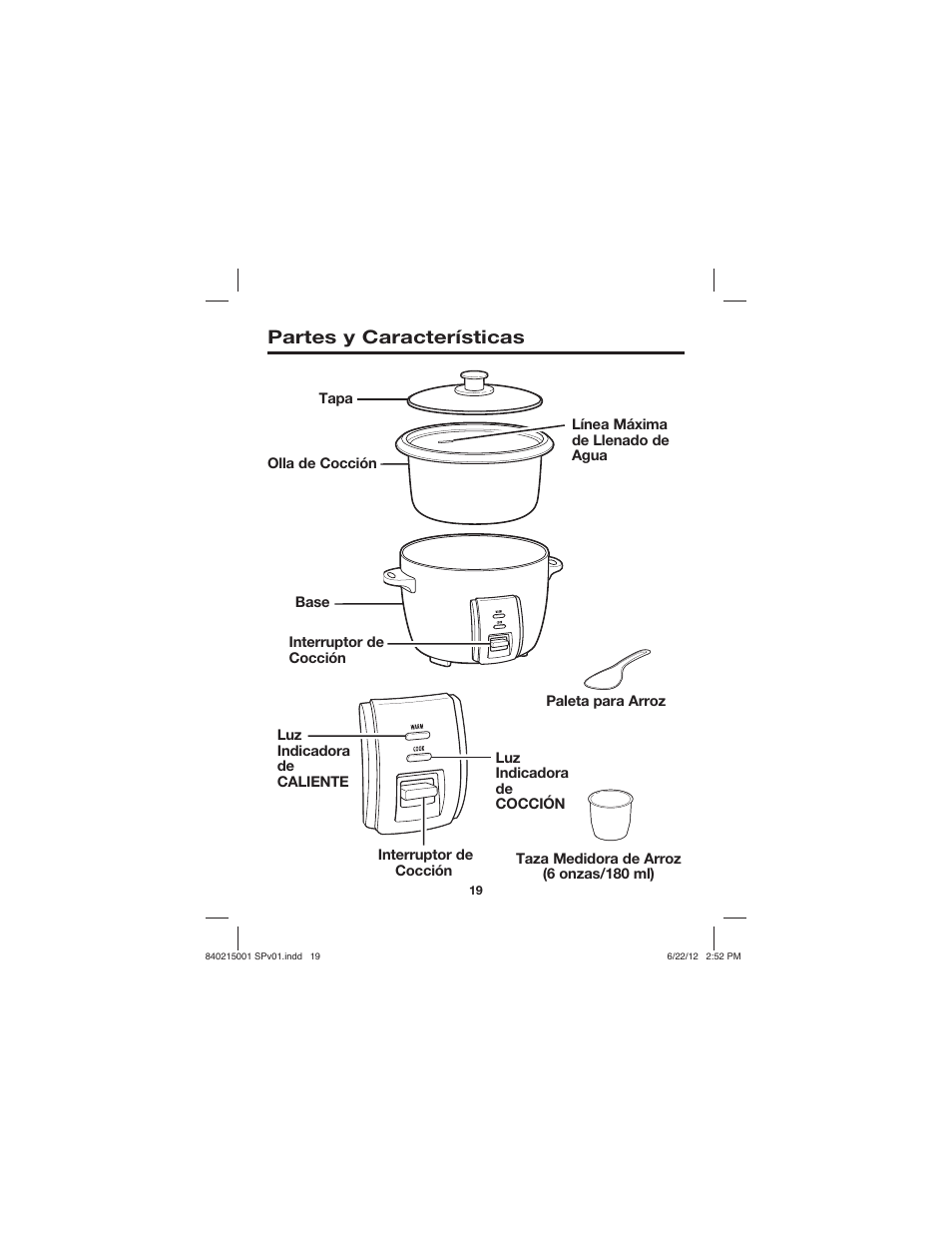 Partes y características | Proctor-Silex 10 Cup Capacity (Cooked) Rice Cooker-37533N User Manual | Page 19 / 28